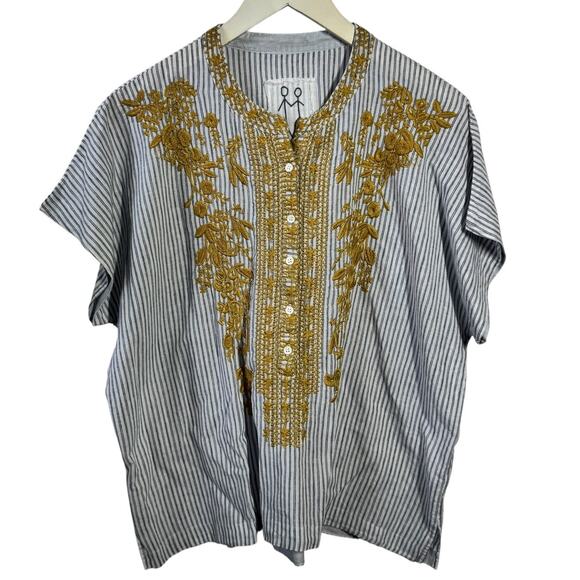 Johnny Was Top Women XS Blue Pin Stripe Boxy tunic Blouse Yellow Embroidery Boho - Picture 1 of 7
